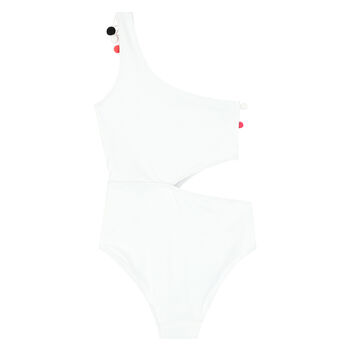 Girls White Pom-Pom Swimsuit