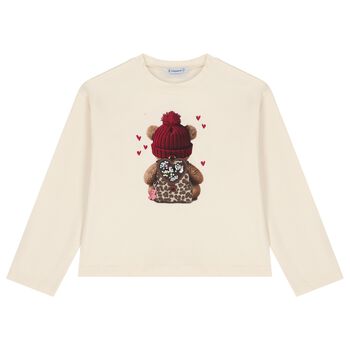 Girls Ivory Teddy Bear Long Sleeve Top