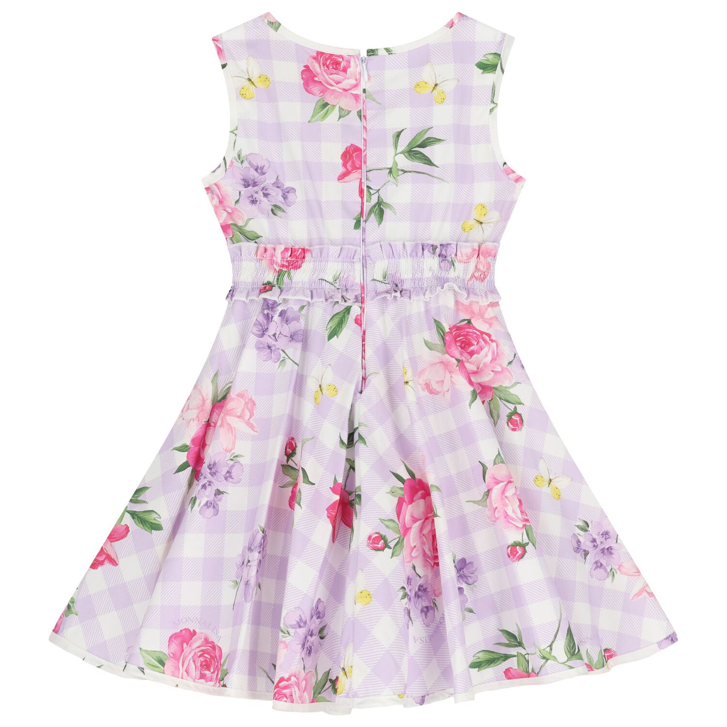 Girls Lilac & White Floral Gingham Dress, 1, hi-res