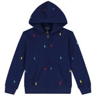 Boys Navy Blue Logo Hooded Zip Up Top, 1, hi-res