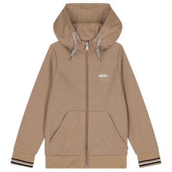 Boys Beige Logo Hooded Zip Up Top