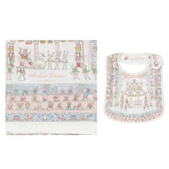 White & Blue Nutcracker Baby Carré Swaddle & Bib Gift Set
