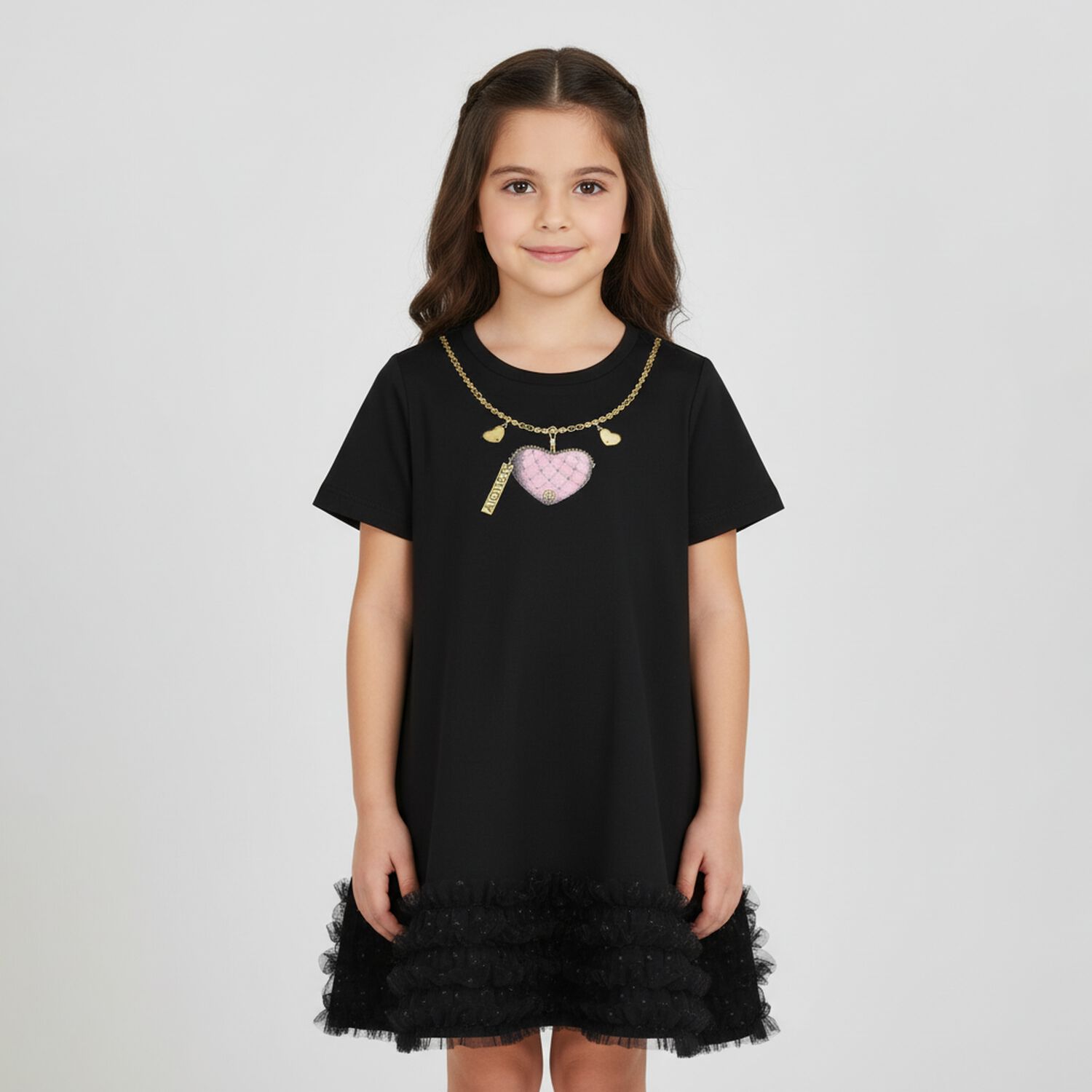 Girls Black Heartbag Print Dress, 2, hi-res