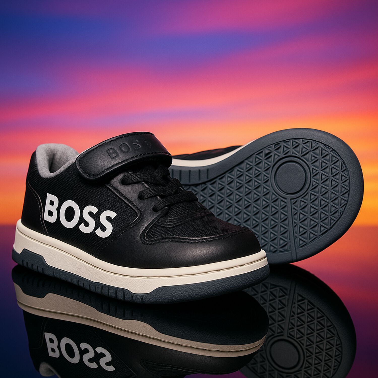 Boys Black & White Logo Trainers, 1, hi-res