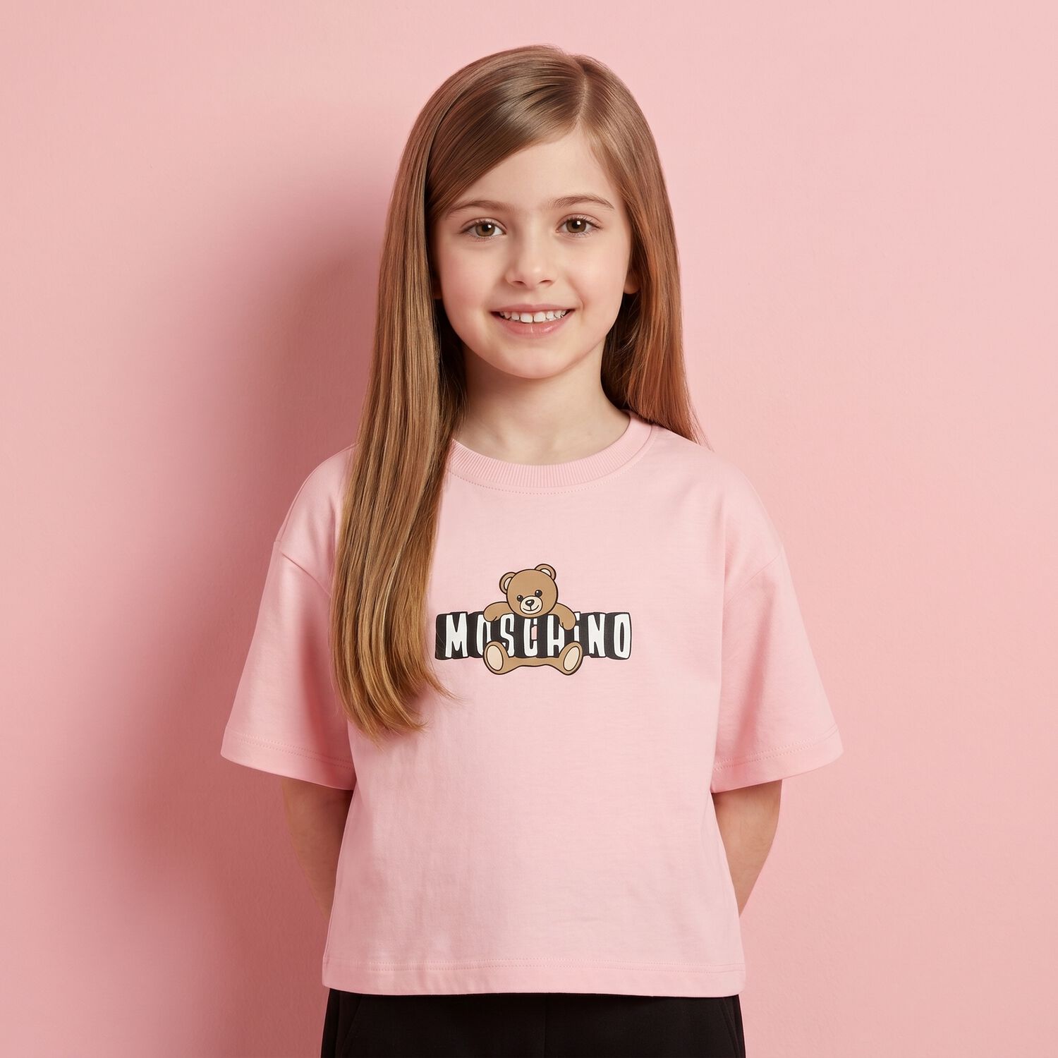Girls Pink Teddy Bear Logo T-Shirt, 2, hi-res