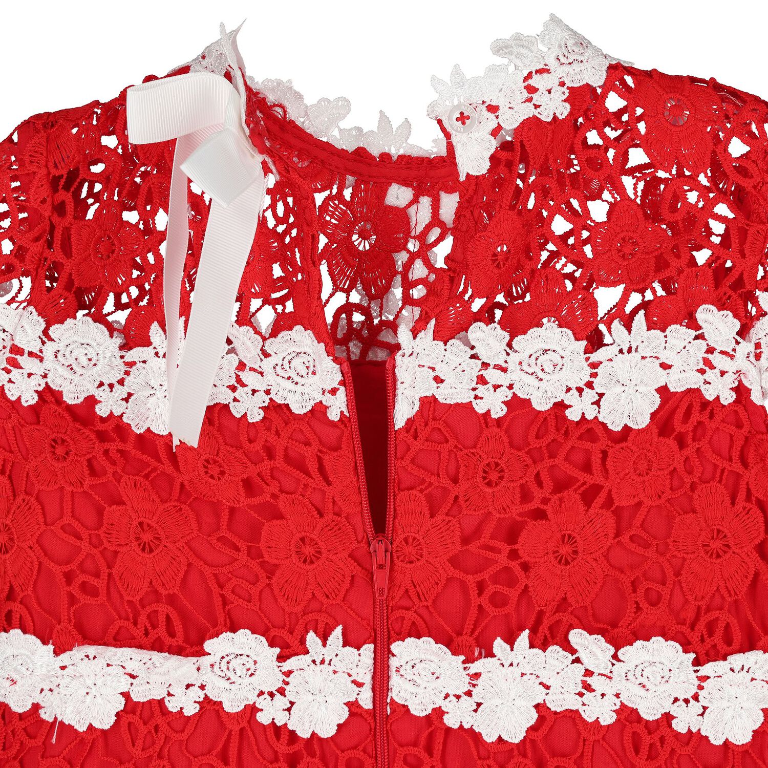 Girls Red & White Embroidered Floral Dress, 1, hi-res