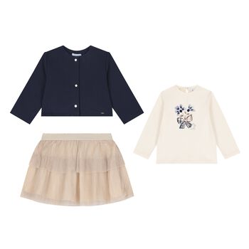 Younger Girls Navy Blue, Gold & Ivory Skirt Set