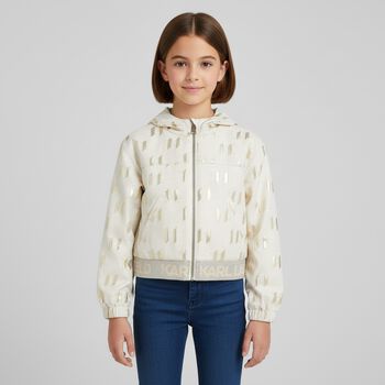 Girls Ivory & Gold Hooded Zip Up Top