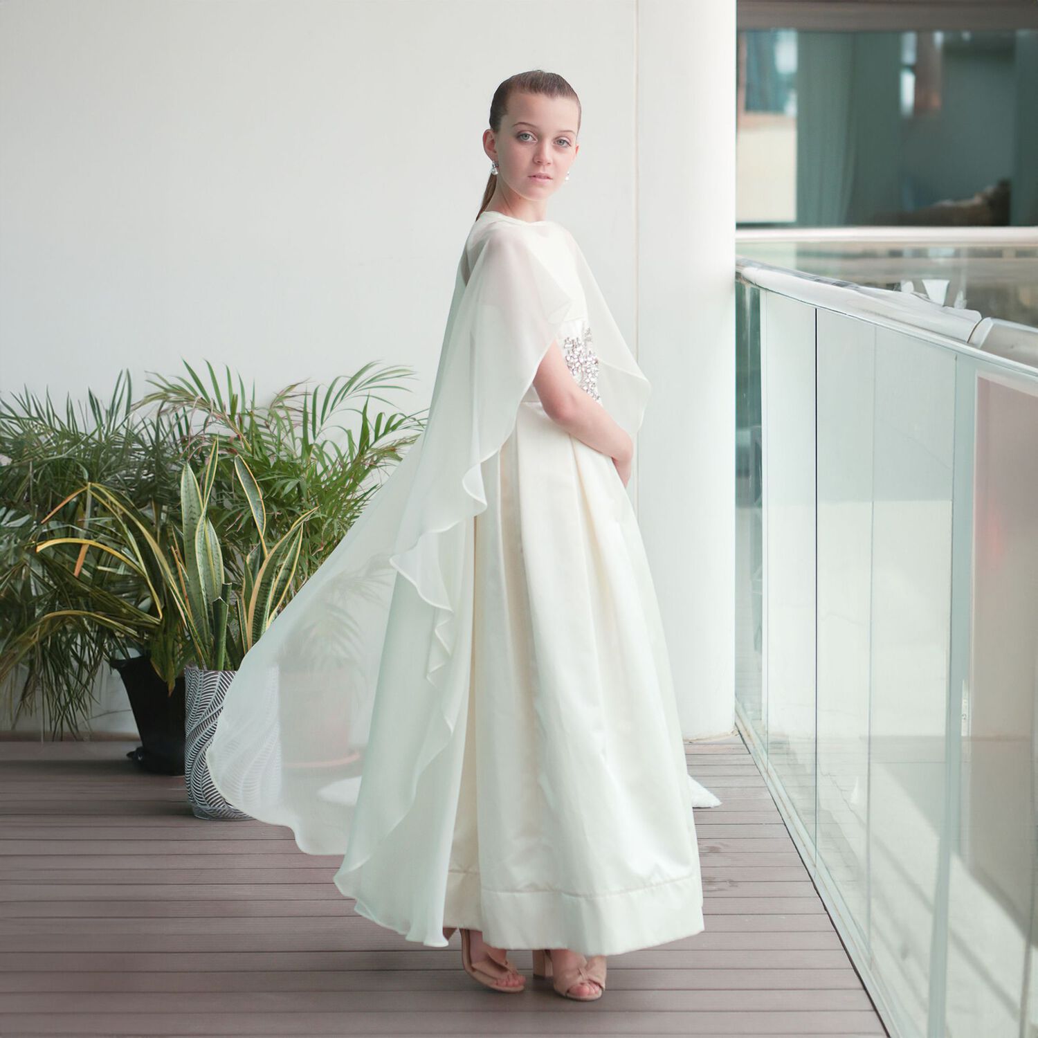 Girls Ivory Crystal Waist & Chiffon Cape Dress, 1, hi-res