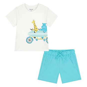 Younger Boys White & Aqua Shorts Set
