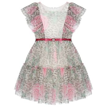 Girls Beige Leopard & Pink Rose Tulle Dress