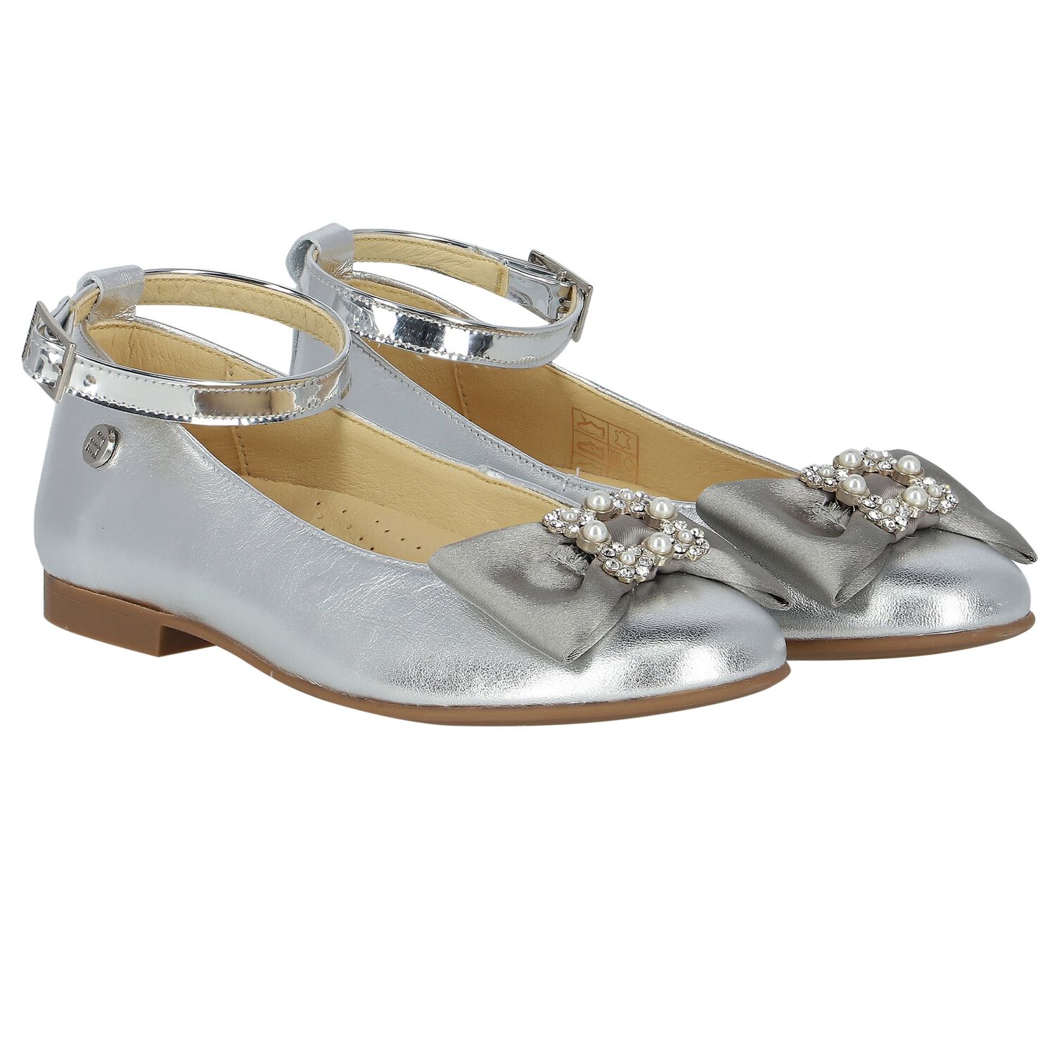 Girls Silver Ballerina Bow Shoes, 1, hi-res image number null