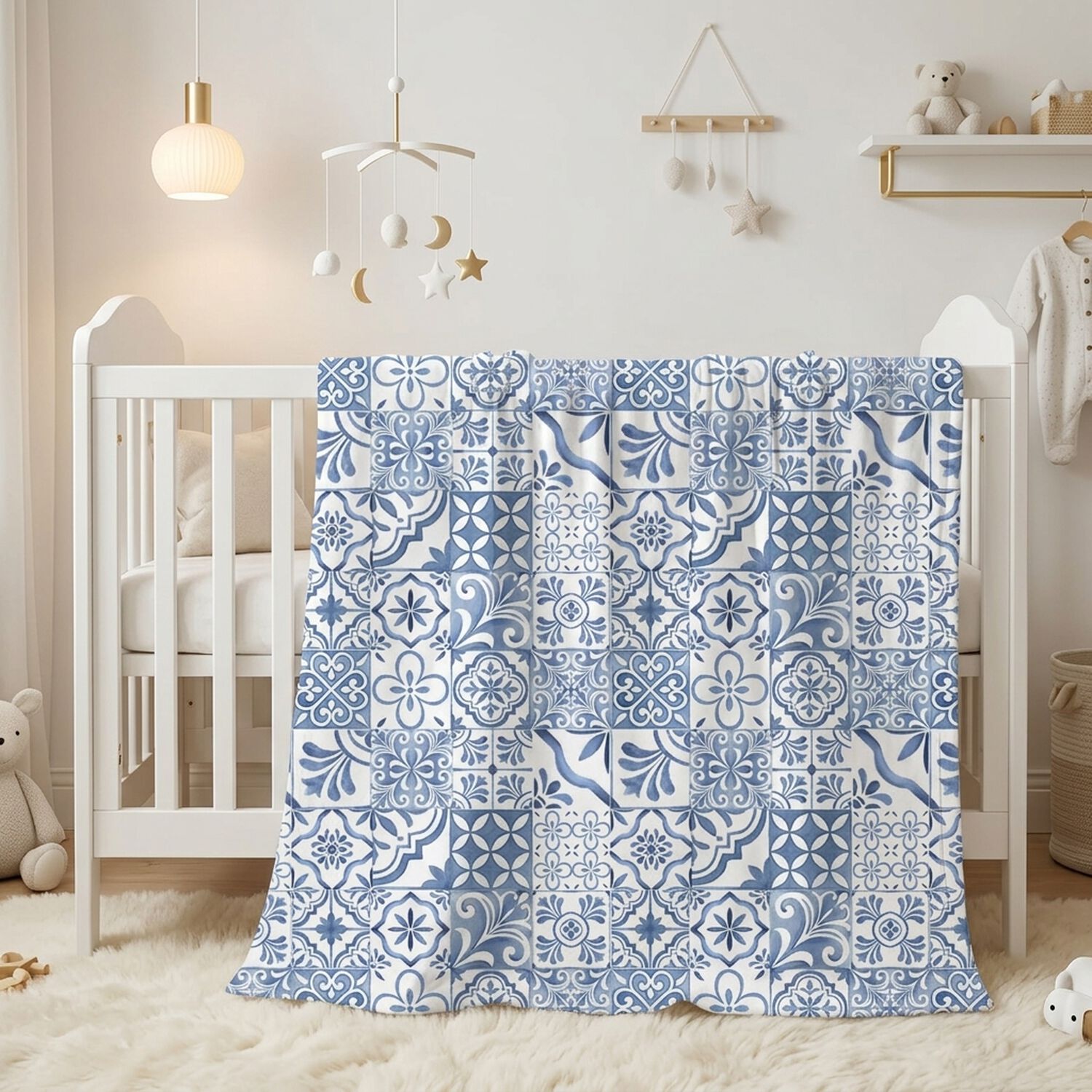 Baby Boys Blue & White Blanket, 1, hi-res