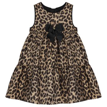 Girls Beige & Black Leopard Tiered Dress