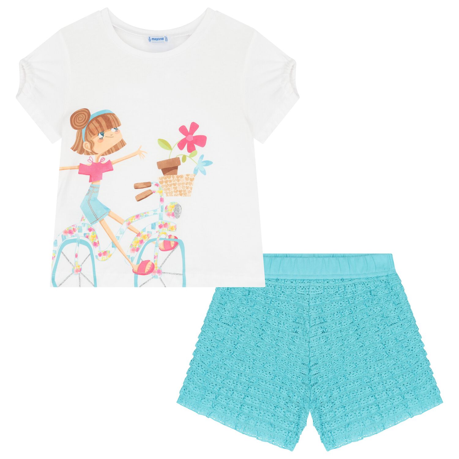 Girls White & Blue Shorts Set, 1, hi-res image number null