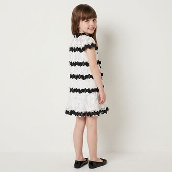 Girls White & Black Embroidered Floral Dress 