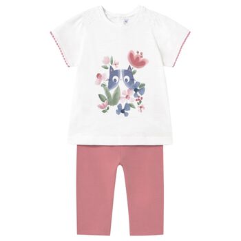 Younger Girls White & Pink Leggings Set