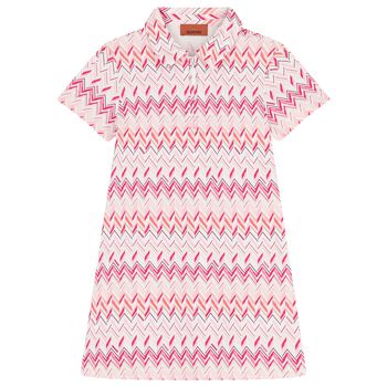 Girls Pink & White Logo Zig Zag Polo Dress