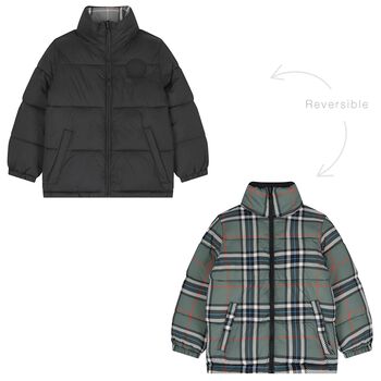 Boys Black & Green Tartan Reversible Puffer Jacket 