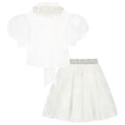 Girls White Pearls Tulle Skirt Set, 1, hi-res