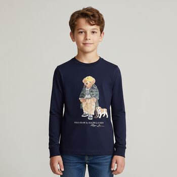 Boys Navy Blue Polo Bear Long Sleeve Top