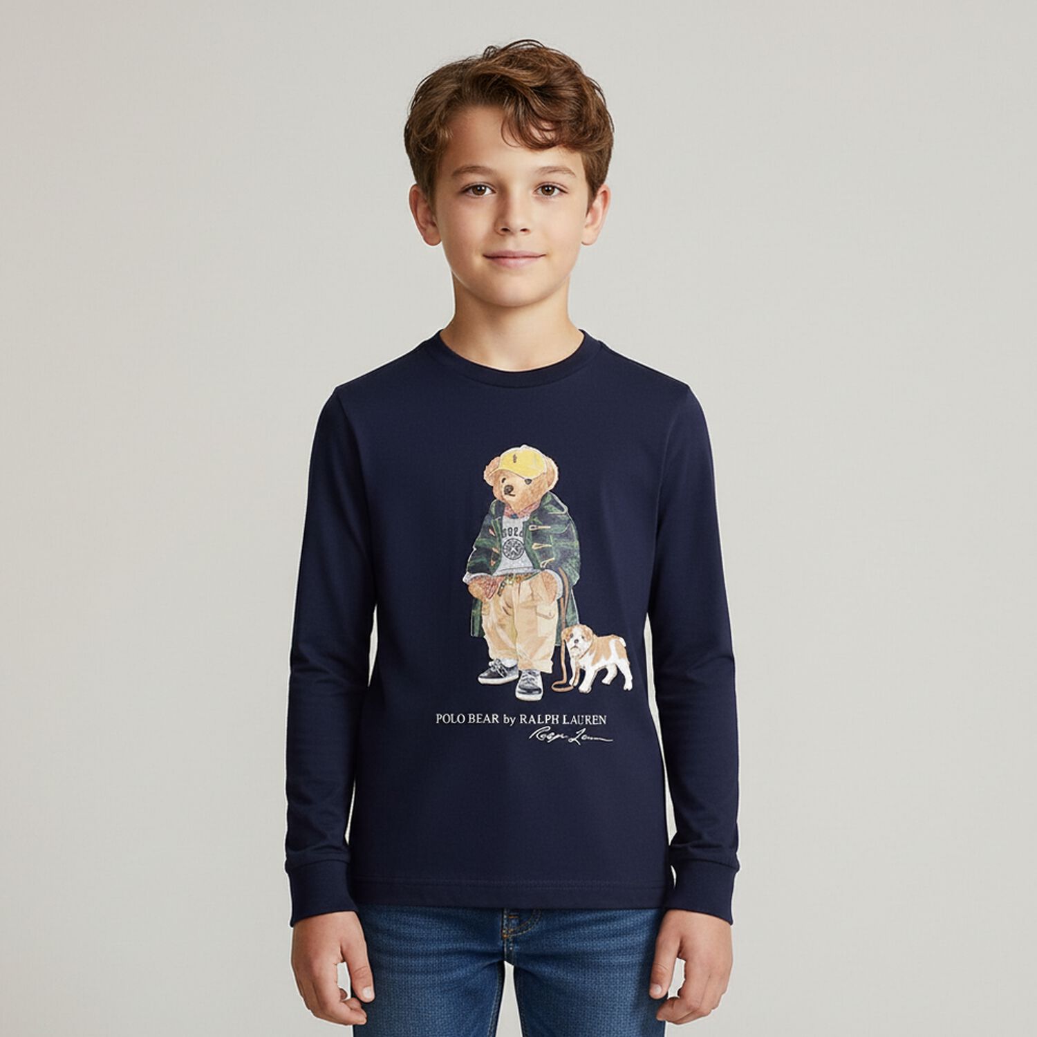 Boys Navy Blue Polo Bear Long Sleeve Top, 1, hi-res image number null
