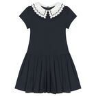 Girls Navy Blue Pleated Dress, 1, hi-res