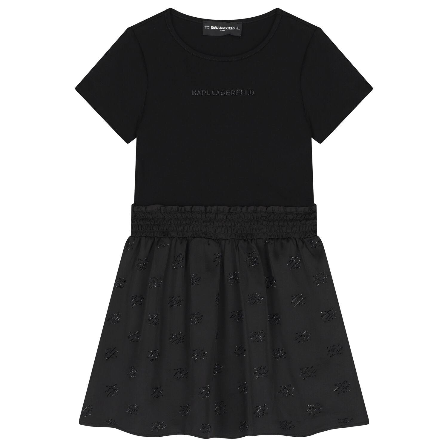 Mini Me Girls Black Logo Rhinestone Dress, 1, hi-res