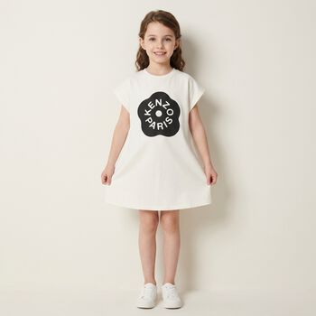 Girls White Boke Flower Logo Dress