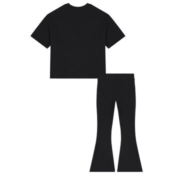 Girls Black Diamante Logo & Flared Leggings Set