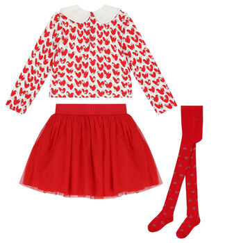 Girls Ivory & Red Tulle Skirt Set