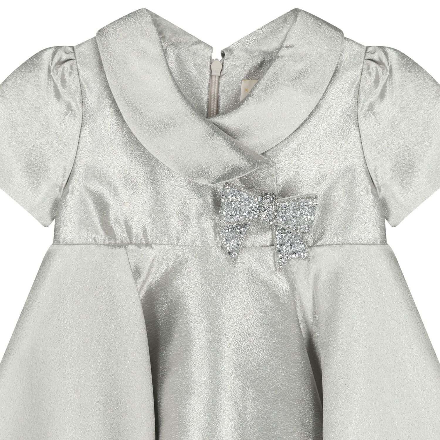 Baby Girls Silver Bow Satin Dress, 1, hi-res