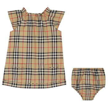 Younger Girls Beige Checkered Dress Set