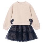 Girls Beige & Navy Blue Bow Tulle Skirt Set, 3, hi-res