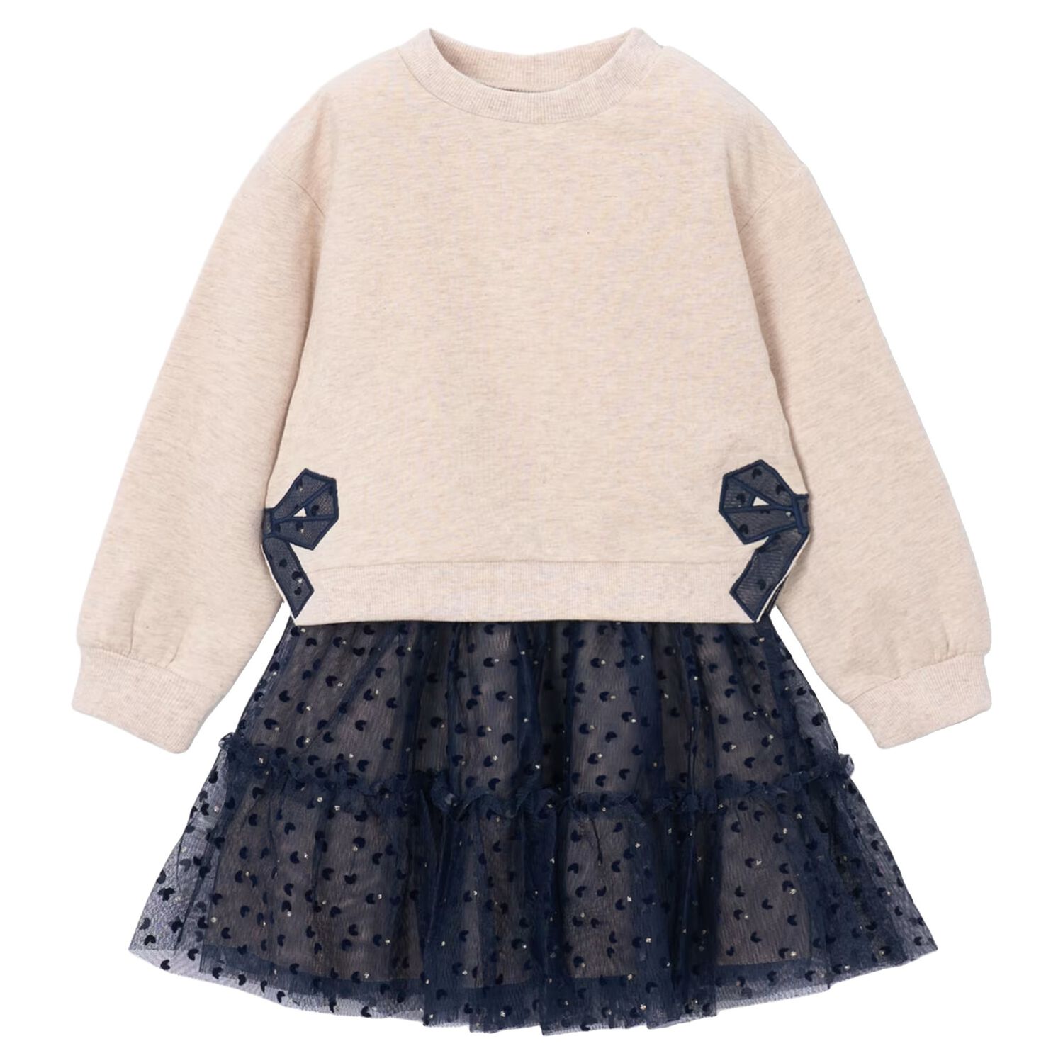 Girls Beige & Navy Blue Bow Tulle Skirt Set, 3, hi-res