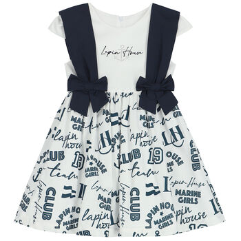 Girls White & Navy Blue Dress