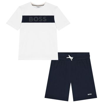 Boys White & Navy Blue Logo Shorts Set