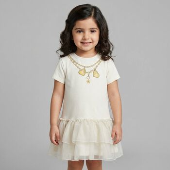 Younger Girls Ivory Necklace Logo Dress