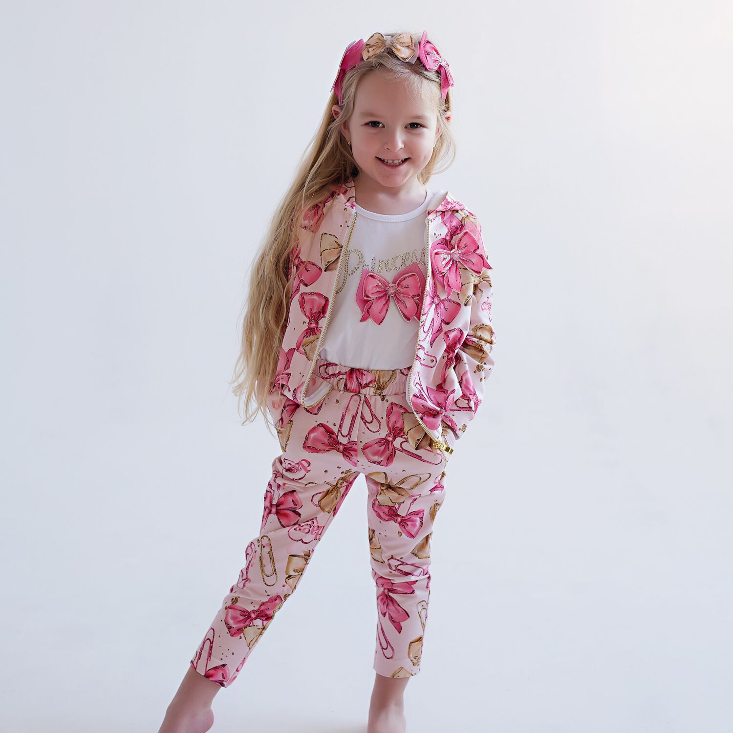 Girls Pink Bow Joggers, 1, hi-res