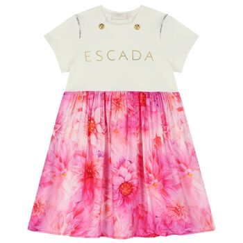 Girls Ivory & Pink Logo Floral Dress