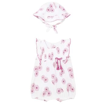 Baby Girls White Floral Romper & Hat Set