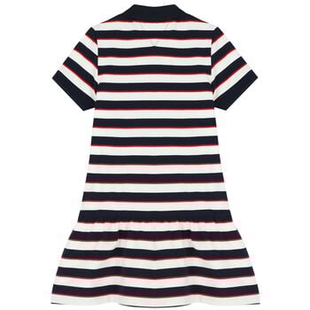 Girls White & Navy Blue Striped Polo Dress