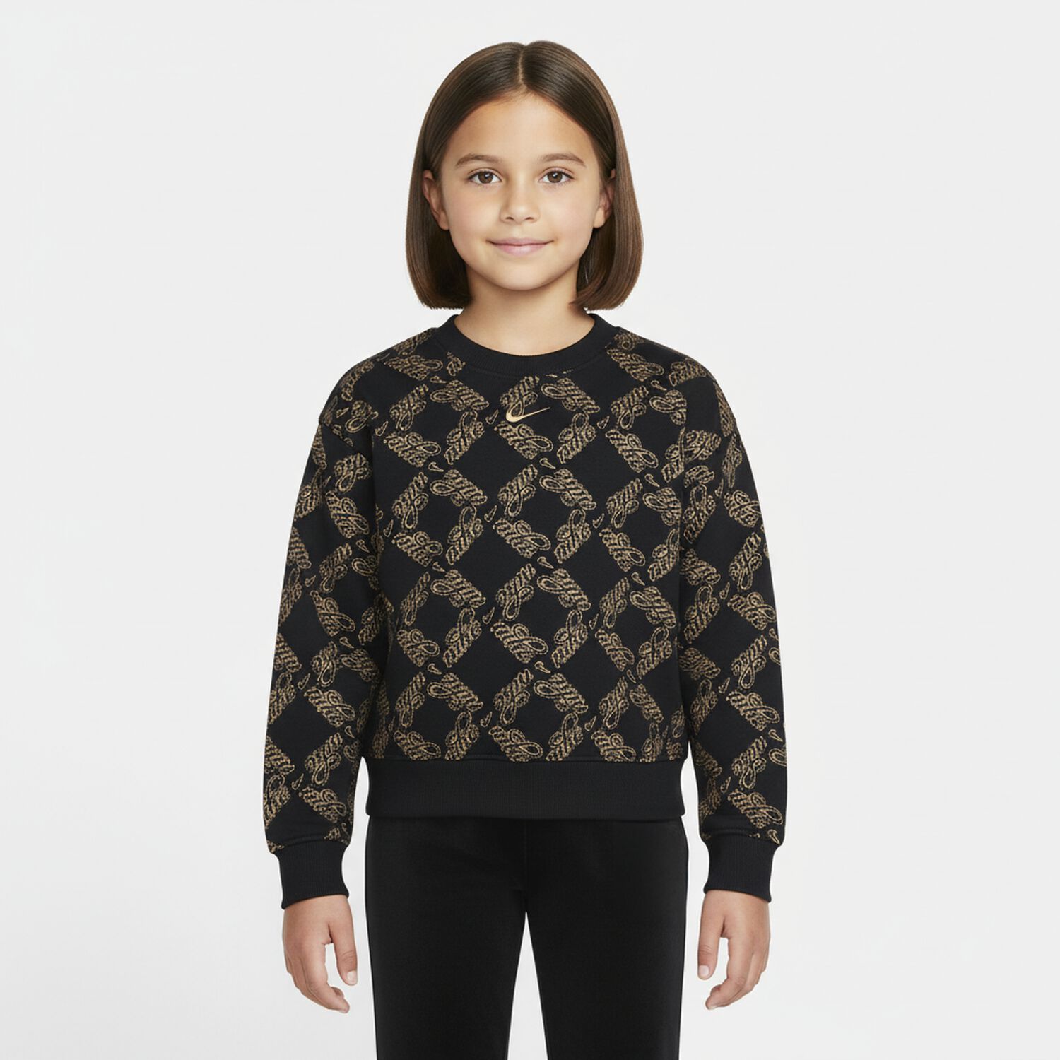 سويت شيرت بالشعارباللون الأسود والذهبي للبنات, 1, hi-res