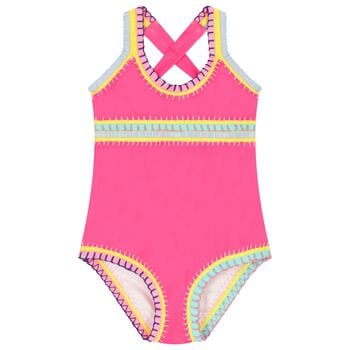 Girls Pink Embroidered Swimsuit
