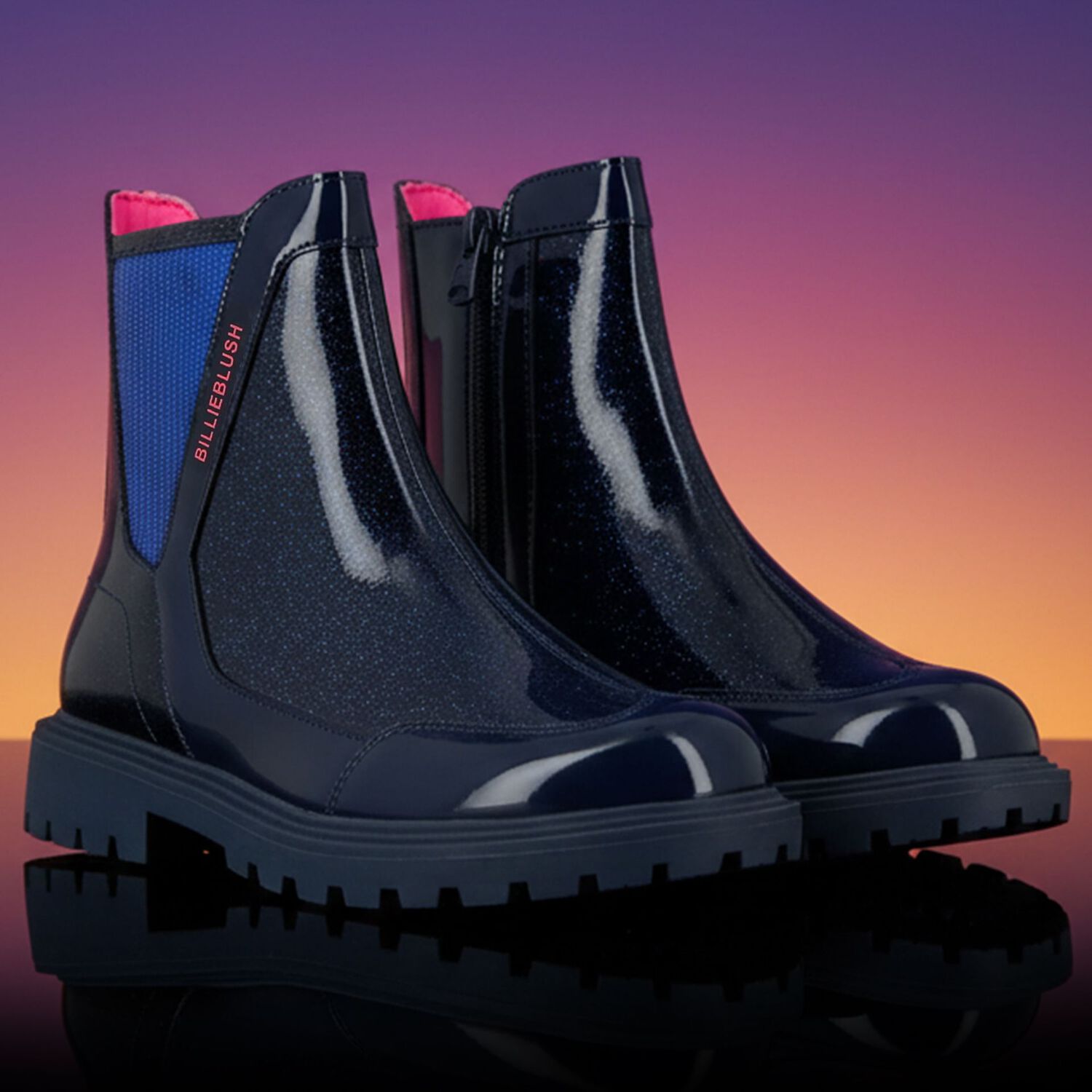 Girls Navy Blue Faux Leather Boots , 1, hi-res