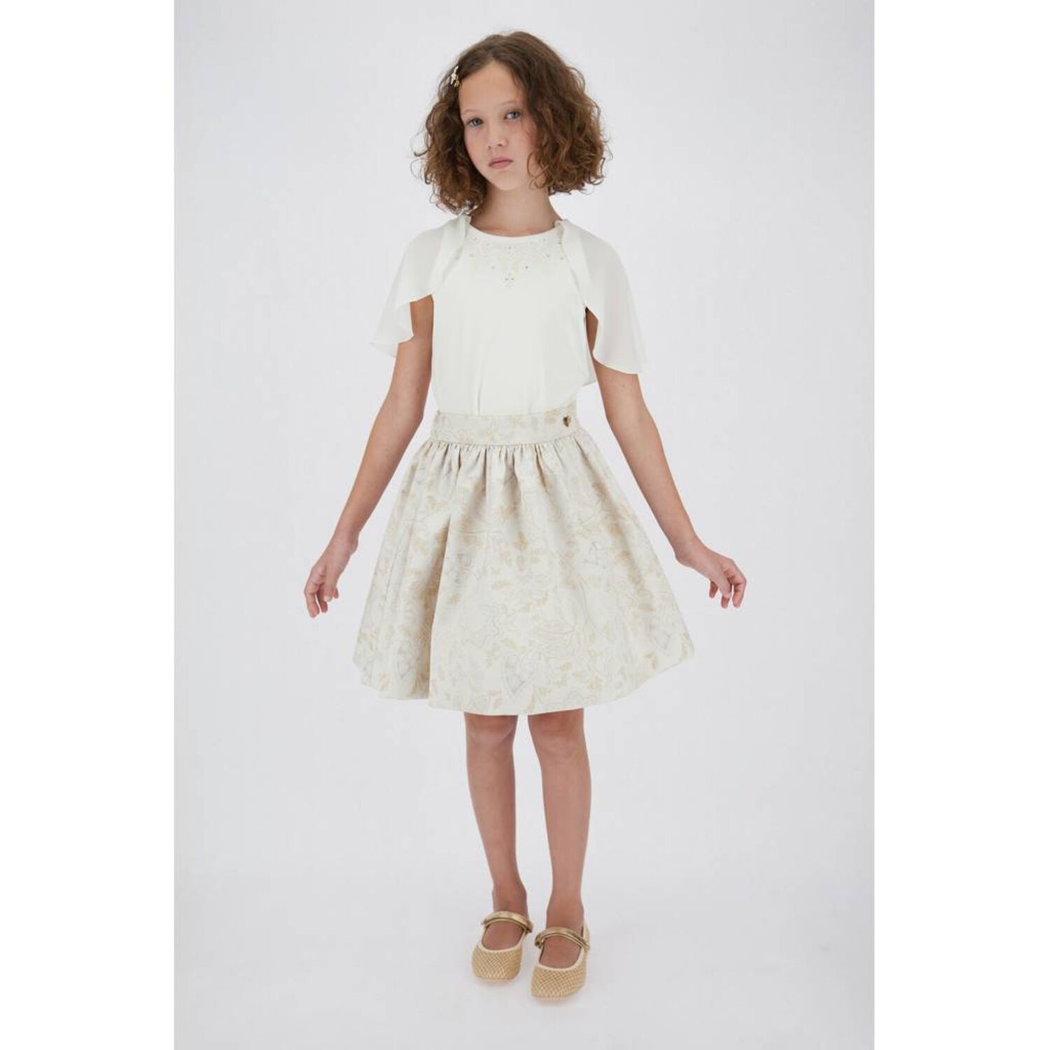 Girls Ivory & Beige Floral Skirt Set, 1, hi-res