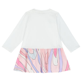 Younger Girls White & Pink Logo Dress