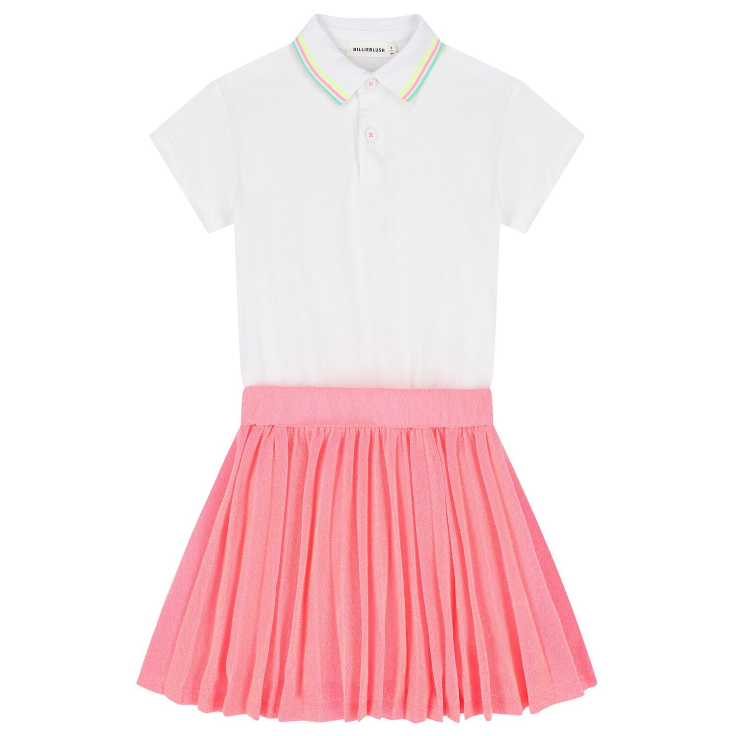 Girls White & Neon Pink Pleated Dress, 1, hi-res