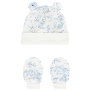 Baby Boys White & Blue Africa Hat & Mittens Set