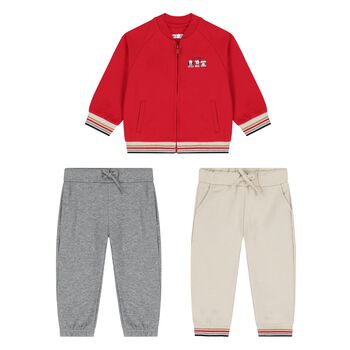 Younger Boys Red, Grey & Beige Puppy Tracksuit Set ( 3 Piece )